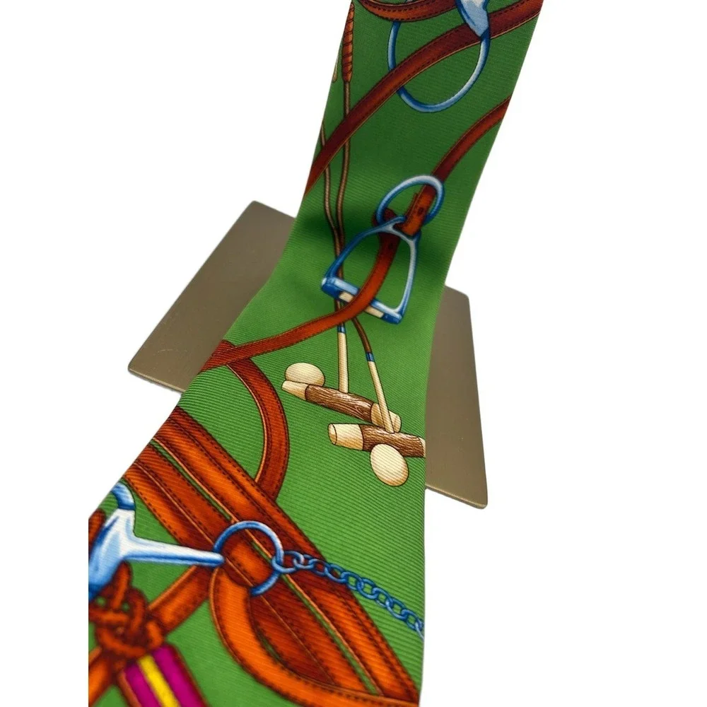 Vintage Polo Ralph Lauren 100% Silk Tie Men's Green Equestrian Stirrup Horse Bit